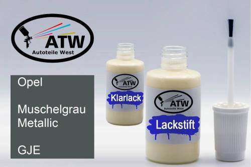 Opel, Muschelgrau Metallic, GJE: 20ml Lackstift + 20ml Klarlack - Set, von ATW Autoteile West.